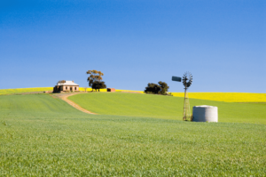 Farm with small house and bright blue sky